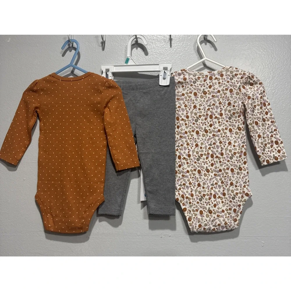Lot of 3 Carters Baby Girls 9M Bodysuits & Pant Bird Flowers Print Brown Gray